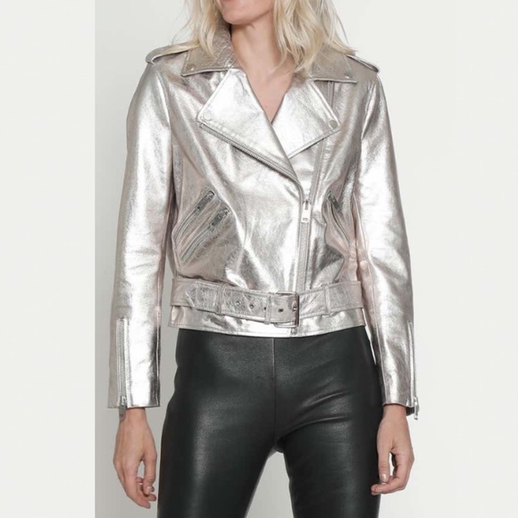 Walter Baker Allison Leather Moto Silver Jacket - Picture 2 of 16